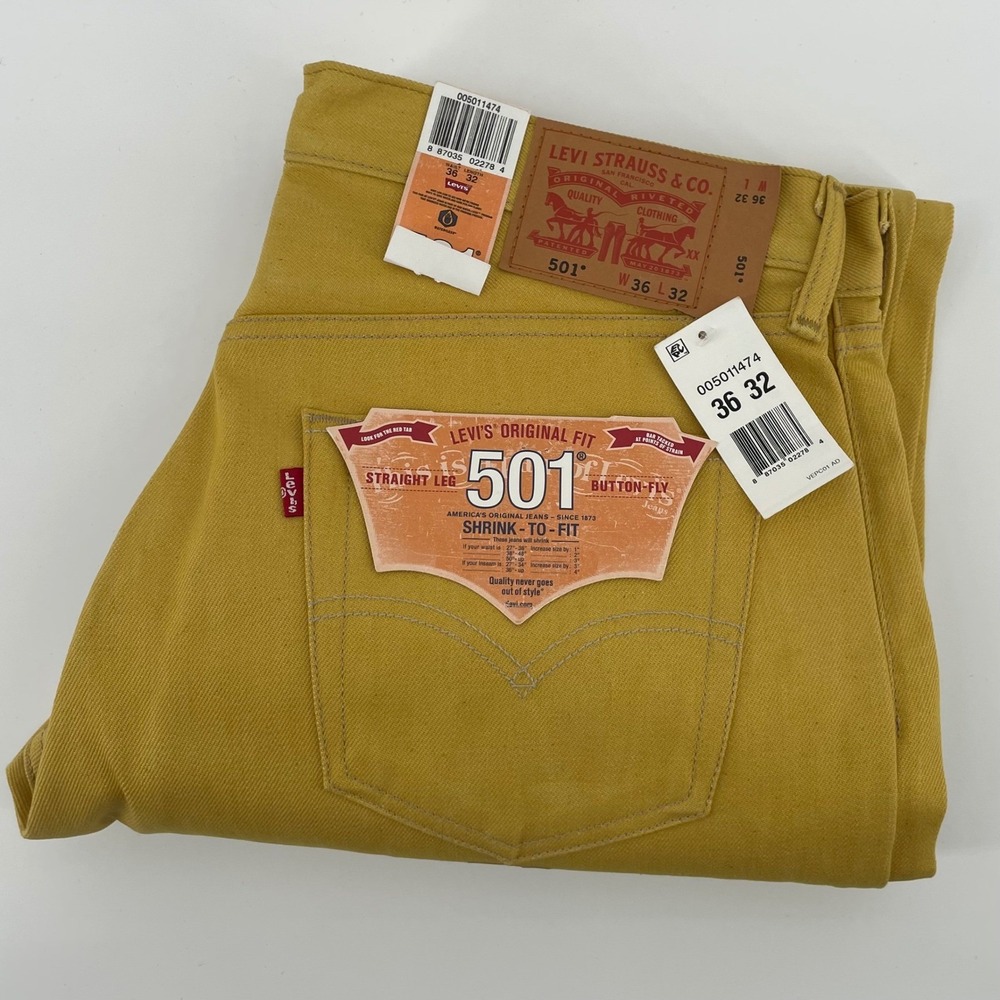 Levis 501 Original Fit Jeans Men's Size 36x32 Yellow Mustard Shrink To Fit NEW
